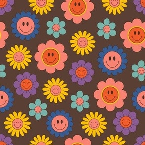 groovy retro  flowers on a brown background