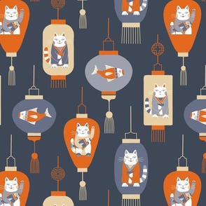 (L) Japanese lucky cat lanterns blue orange