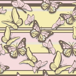 Butterflies flitting on butter yellow and pink piglet stripes with sepia accents large scale