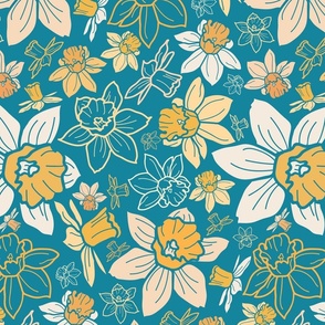Blooming garden daffodils in spring on teal
