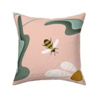 delicate and airy jumbo size bees and daisies, floral soft and light folk art bedding sage pink bee