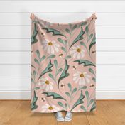 delicate and airy jumbo size bees and daisies, floral soft and light folk art bedding sage pink bee