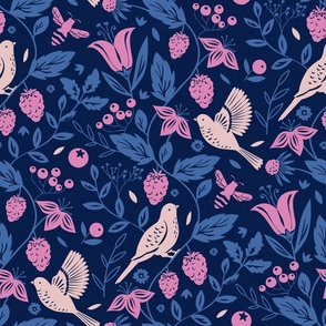 summer garden birds and berries medium scale vibrant blue and pink