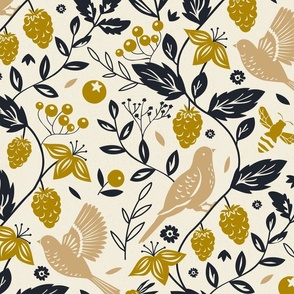 summer garden birds and berries large scale black and gold