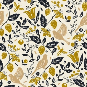 summer garden birds and berries medium scale black and gold