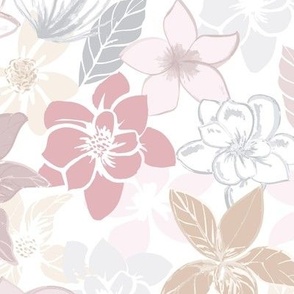 'Magnolia & Plumeria Bouquet" Pink Floral Print on White