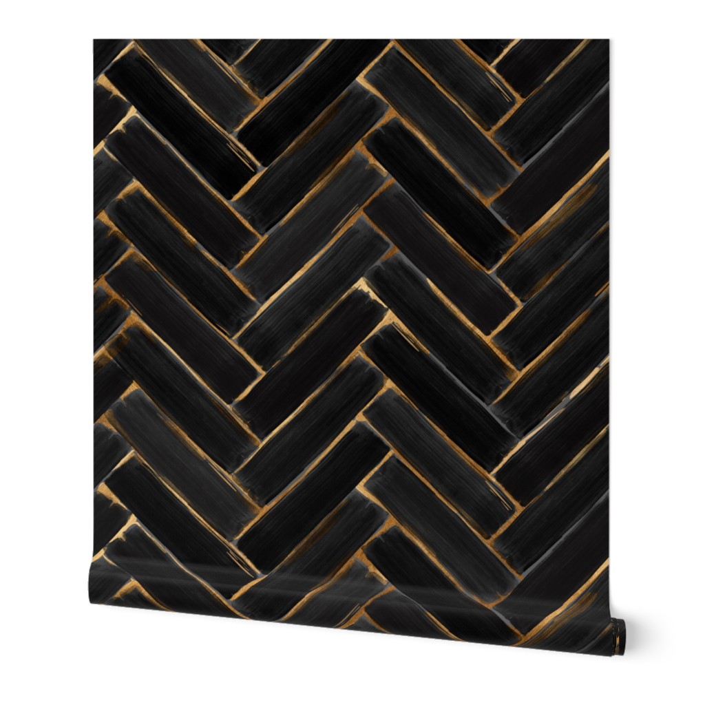 Painted Brushed Black and Gold Herringbone Tile