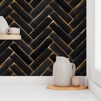 Painted Brushed Black and Gold Herringbone Tile