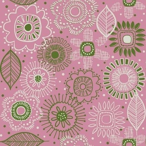 pink and green vintage hand drawn mid-century floral 