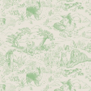 Country Dogs Toile Green on Greige