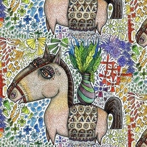 horse with a vase in the garden, medium large scale, red orange yellow blue indigo violet brown beige white tan purple spring nature horses western quirky