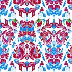 Vintage damask Rococco red and blue on white linen effect 6” repeat