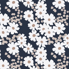 Summer Floral Dipsy Daisy Flower Design with Abstract White and Beige Daisies on Dark Blue Background Botanical Pattern In Minimalistic Scandinavian Style for Garden Upholstery, Bathroom Wallpaper and Kids Clothing Fabric Projects