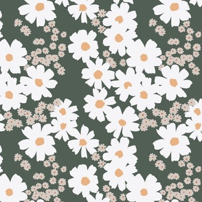 Summer Floral Dipsy Daisy Flower Design with Abstract White and Beige Daisies on Dark Green Background Botanical Pattern In Minimalistic Scandinavian Style for Garden Upholstery, Bathroom Wallpaper and Kids Clothing Fabric Projects