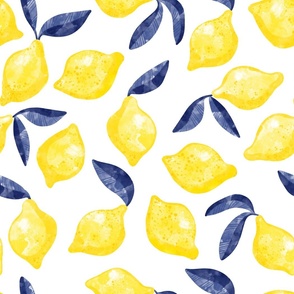 Large Scale Watercolor Lemon Citrus Blue Leaves
