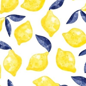 Watercolor Lemon Citrus Blue Leaves
