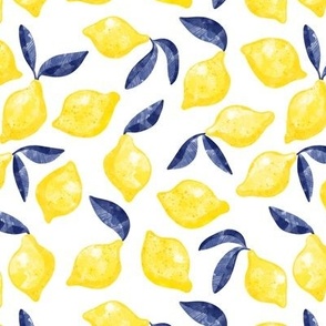 Small Scale Watercolor Lemon Citrus Blue Leaves