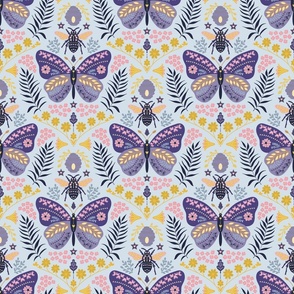 Folksy Butterfly Meets Bee // medium // butterfly, bee, plants, nature, purple, yellow