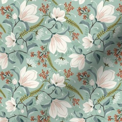 Magnolia Oasis Floral Celadon Green Small Scale