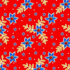 Bright Blue Flowers and Leaves – Vibrant Red Background 