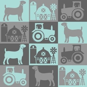 Boer Goat - Farm Theme with Tractor and Barn - Gray and Dark Aqua