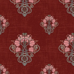 Art Nouveau Fantasy Flowers - Coral Pink on Ruby Red