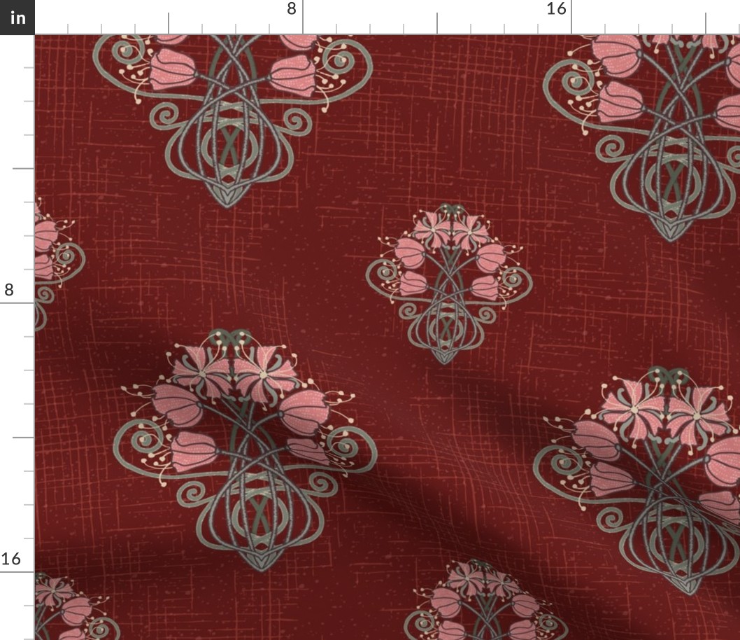Art Nouveau Fantasy Flowers - Coral Pink on Ruby Red