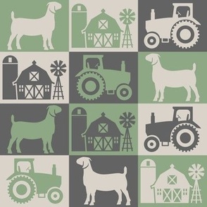Boer Goat - Farm Theme with Tractor and Barn - Gray, Tan and Sage Green