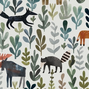 camping time - Large hand drawn watercolor woodland animals in a leaf forest in sage and teal - nursery wallpaper - kids room decor