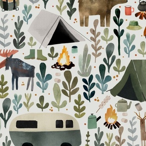 camping time - Large hand drawn watercolor retro camping with tents, vintage campervans and woodland animals - Nursery wallpaper - kids room decor