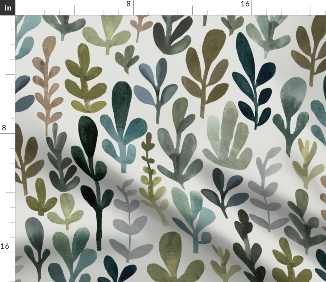 camping time - Large watercolor leaves in sage green and teal over a beige background - hand drawn leaf wallpaper - nursery decor