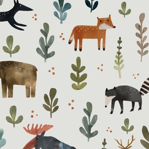 camping time - Large watercolor woodland animals in the forest - fox, raccoon, deer, bear, wolf, moose - kids room decor - baby boy wallpaper
