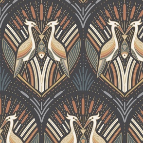 Art Deco Herons | lg. Earth tones on Charcoal