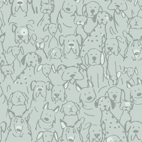 Doodle Dogs, Soft Spa Sage Green, 12im x 18in repeat scale