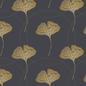 Golden Ornamental Gingko Leaf Pattern on Grey