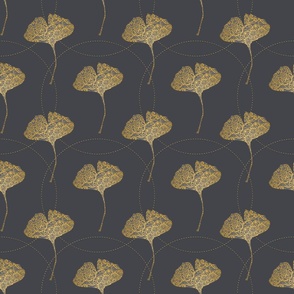 Golden Ornamental Gingko Leaf Pattern on Grey Smaller Scale