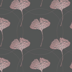 Rose Gold Ornamental Gingko Leaf Pattern on Grey