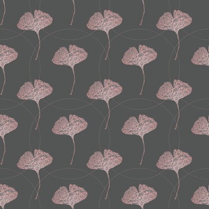 Rose Gold Ornamental Gingko Leaf Pattern on Grey Smaller Scale