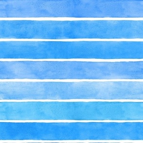 Bright Ocean Blue Watercolor Horizontal Broad Stripes - Medium Scale - Nautical Coastal Boy Nursery