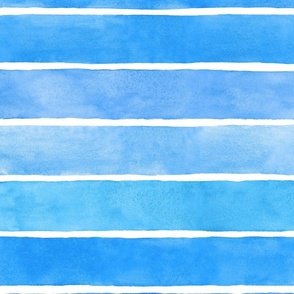 Bright Ocean Blue Watercolor Horizontal Broad Stripes - Large Scale - Nautical Coastal Boy Nursery