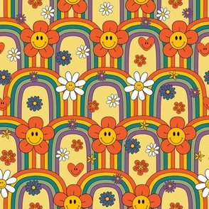 groovy rainbow and flowers  on a yellow background