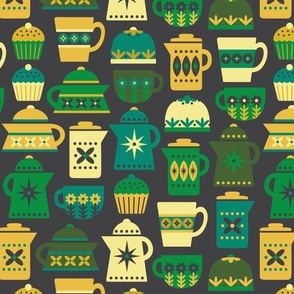 Retro Coffee Pots & Mugs | Green and Yellow on Black