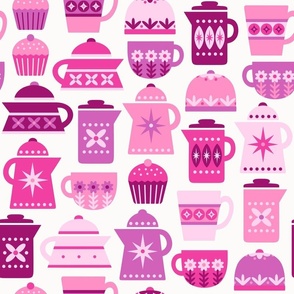  Retro Coffee Pots & Mugs | Pink & Purple on Off-White