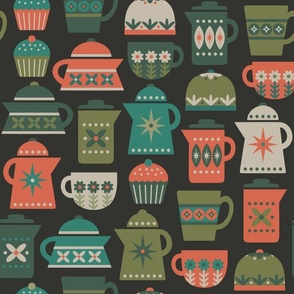 Retro Coffee Pots & Mugs | Olive Green on Charcoal