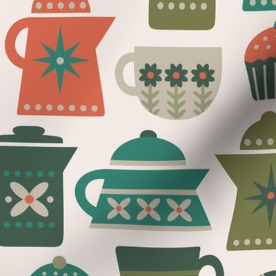 Retro Coffee Pots & Mugs | Olive Green on Cream