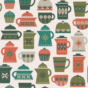 Retro Coffee Pots & Mugs | Olive Green on Cream