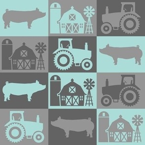 Show Pig - Farmhouse Theme with Tractor and Barn -  Dark Gray and Aqua