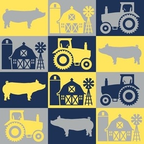 Show Pig - Rural Farmhouse Theme with Tractor and Barn - Navy Blue, Yellow and Gray