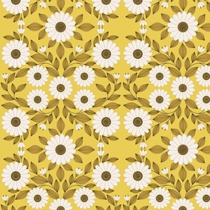 White daisy ornamental pattern on yellow background