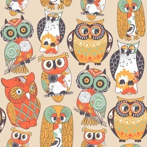Mid Mod Mix and Match Coordinate - Retro Owls in Orange, Mint, and Tan
